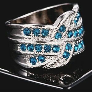 NEW 18K White Gold Blue Sapphire Silver Braided Wide Band Ring Women's Size 7